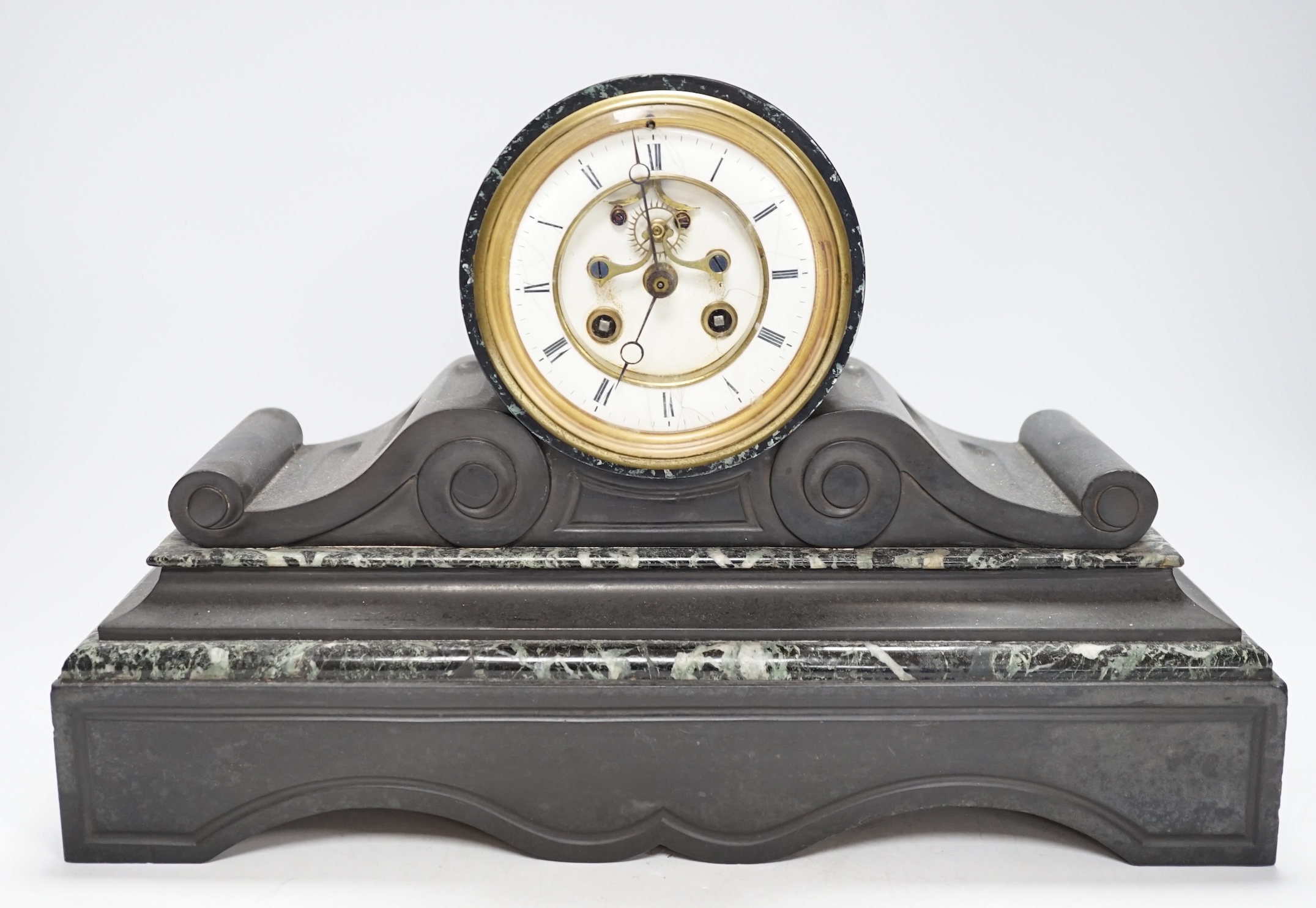 A Victorian slate mantel clock with visible Brocot escapement, pendulum, 40cm wide